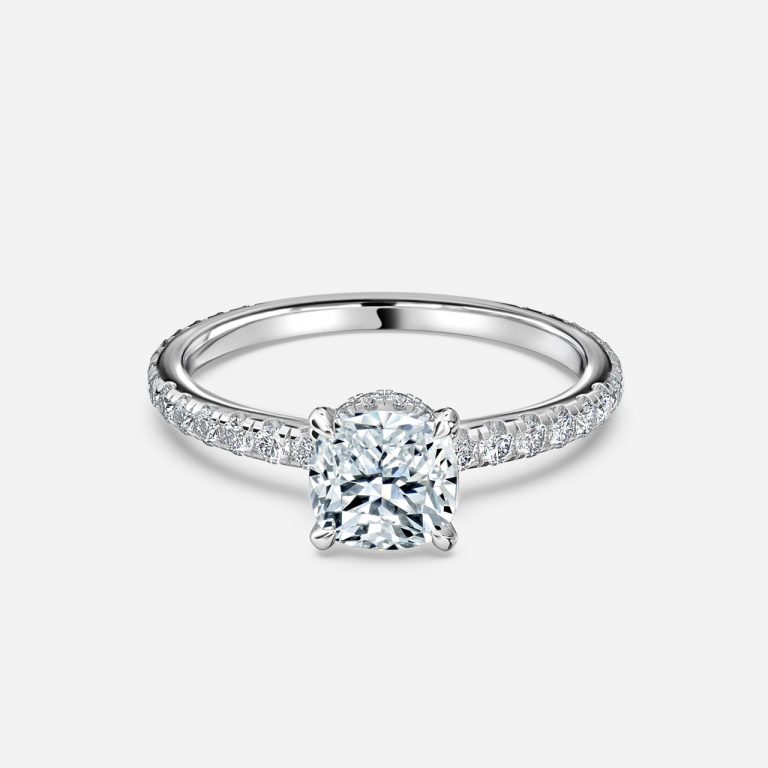 hidden halo cushion cut engagement ring
