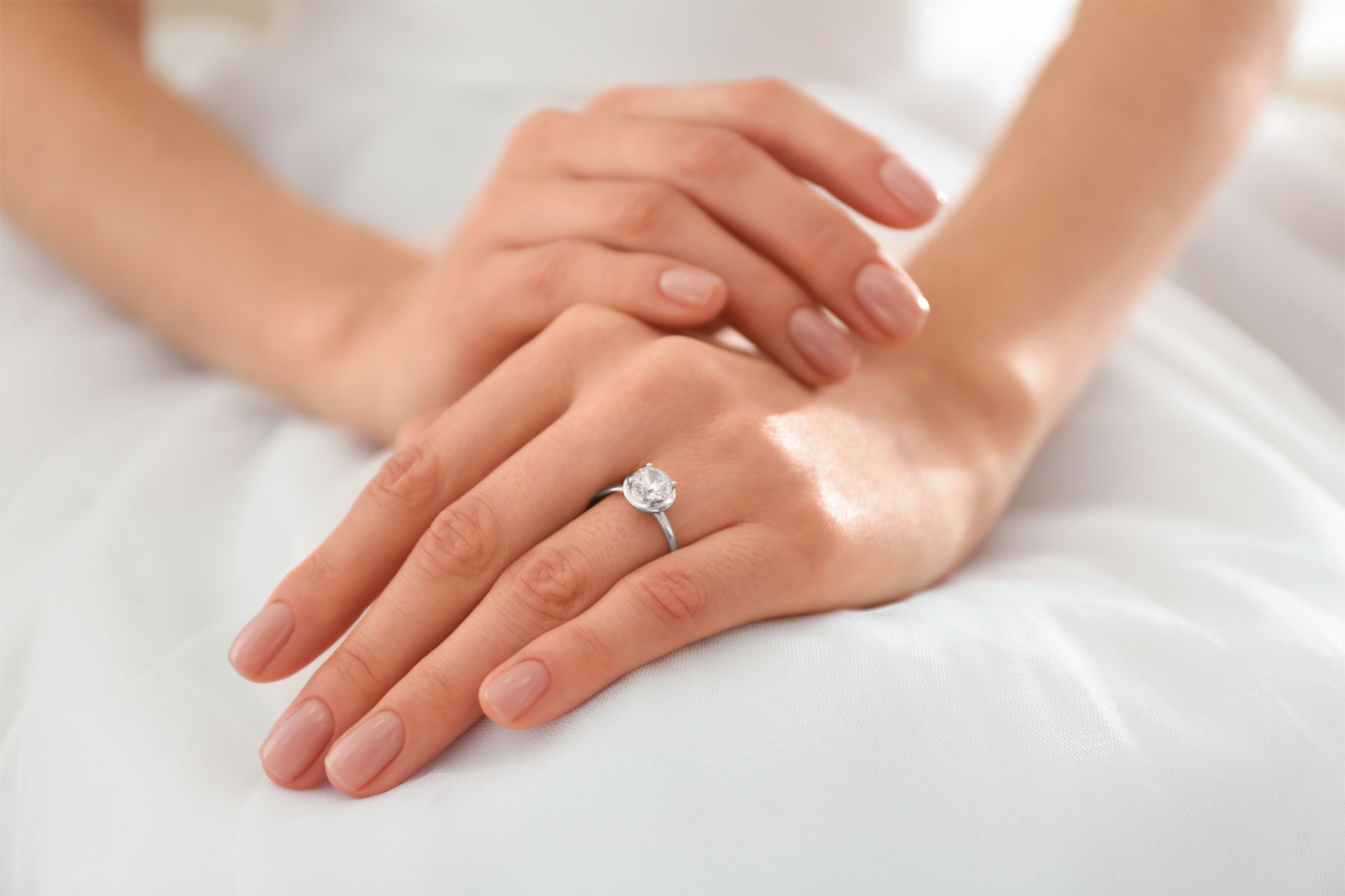 Young,Bride,Wearing,Beautiful,Engagement,Ring,,Closeup